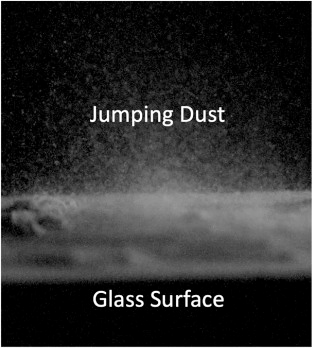 Dust jumping from a glass surface under electron bombardment